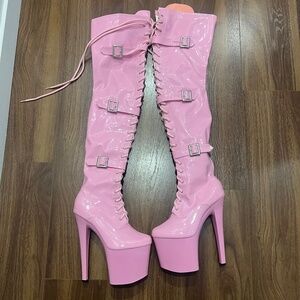 pink 8” heel thigh high boots